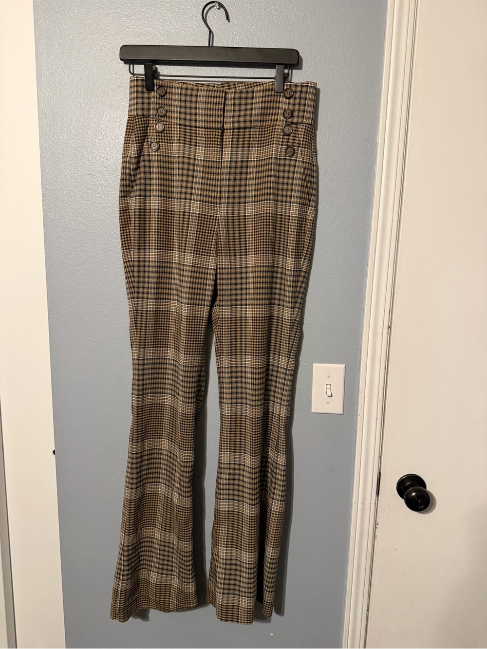 Halogen Plaid High-Waist Flare Pants — Brown/Black